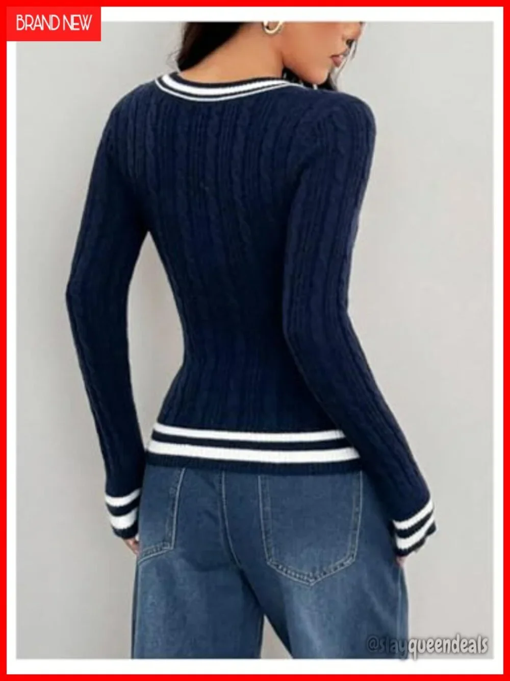 Striped V Neck Cable Knit Long Sleeve Pullover Sweater